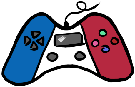 Drawing of a game controller. Color-wise, the controller is separated into three parts (blue, white, red) like the french flag. The buttons on the right are green, red, blue and pink.