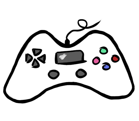 Drawing of a game controller. It is white and grey, and the buttons on the right are green, red, blue and pink.