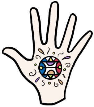 Drawing of a open hand. There's a magic casting symbol on the palm, colored in blue, white, red, green, orange and purple.