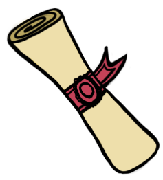 Drawing of a yellow scroll with a red ribbon.