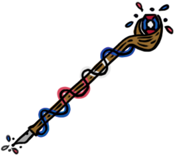 Drawing of a magic staff. There's a jewel on the top of it colored in blue, white and red. The tip of the staff represents a nib.